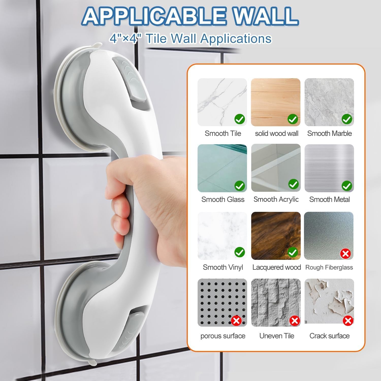 Grab Bars for Bathtubs and Showers, Shower Handle 12 Inch Strong Suction Shower Bar(2 Pack) -Gray White