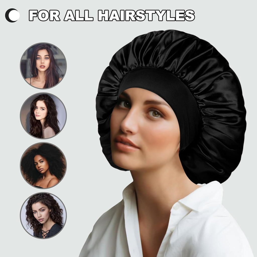 3 Pcs Satin Bonnet Hair Cap,Women Bonnets Adjustable Night Cap,Comfortable Wide Band for Braids Curly Long Hair (Black)