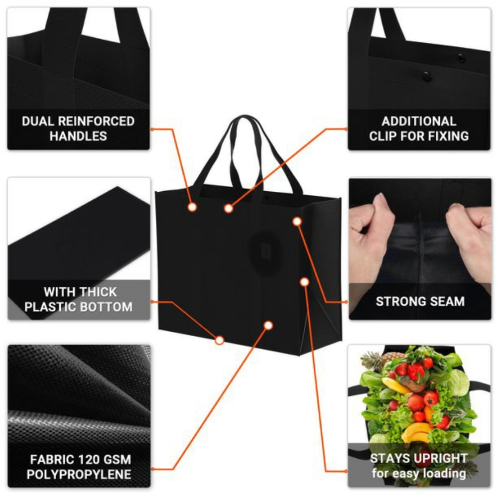 3 Pack Reusable Grocery Bags, Foldable Shopping Cart Bags, Washable Large Storage Reusable Bags, Grocery Tote Bag with Reinforced Handles & Thick Plastic Support Bottom