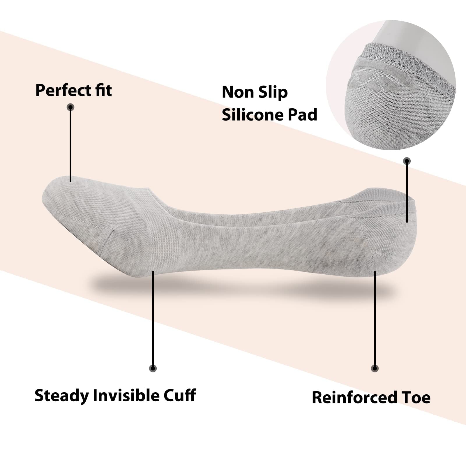 No Show Socks For Women,Women's Invisible Socks Non Slip Socks(US Womens Shoe 5-8)