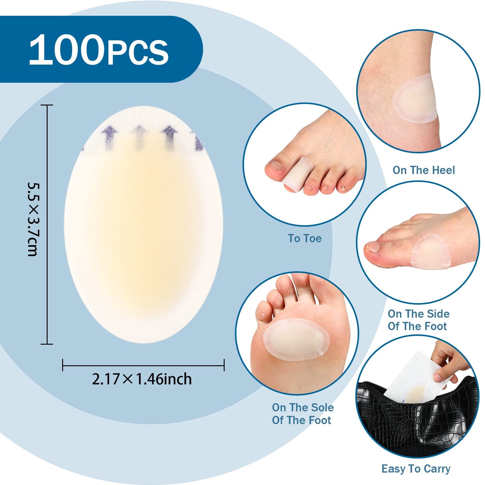 100 Pcs Blister Bandages Hydrocolloid Blister Pads for Heel Waterproof Adhesive Bandages Gel Blister Patches Protectors for Feet Toes Blister Prevention (Single Style)
