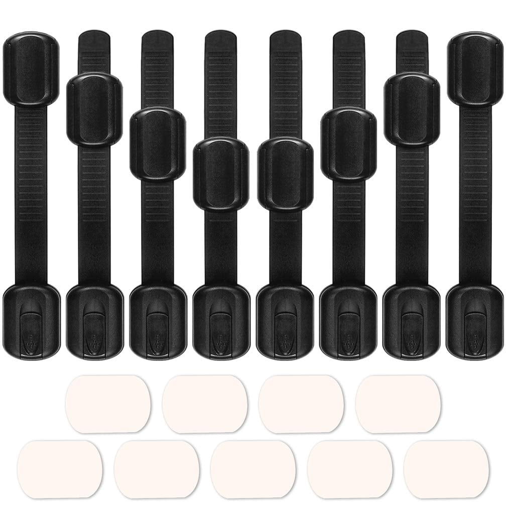 12 Pcs Child Safety Cabinet Lock with Self Adhesive Pads, Viaky Adjustable Straps Baby Proof Latches Black for Kitchen Drawer Oven Refrigerator Toilet Seat Doors Closet & Cupboard, No Drill Screw Tools