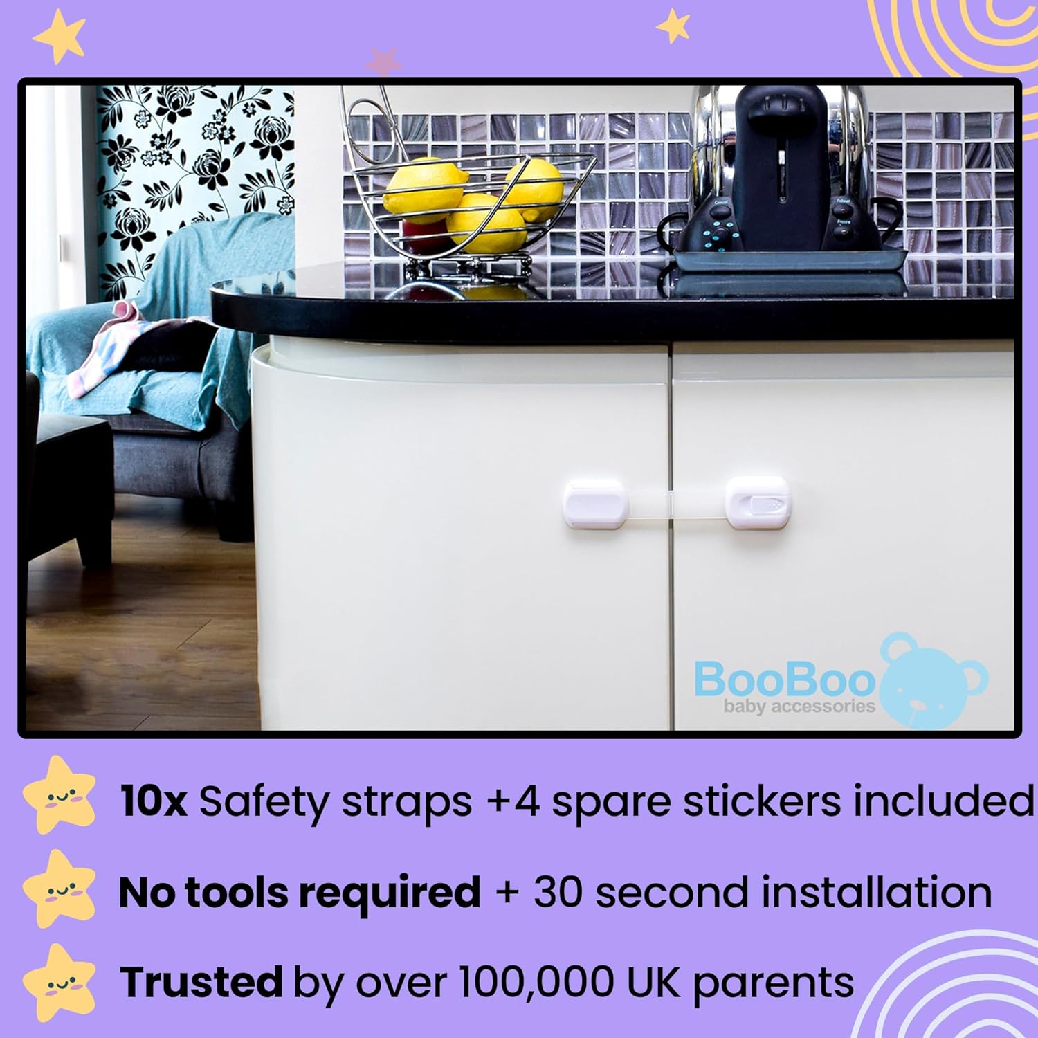 (10 Pack) Premium Cabinet Locks Baby Proofing, Child Proof Cabinet Locks, Cupboard Locks for Children with 3M Adhesive + 4 Extra Stickers