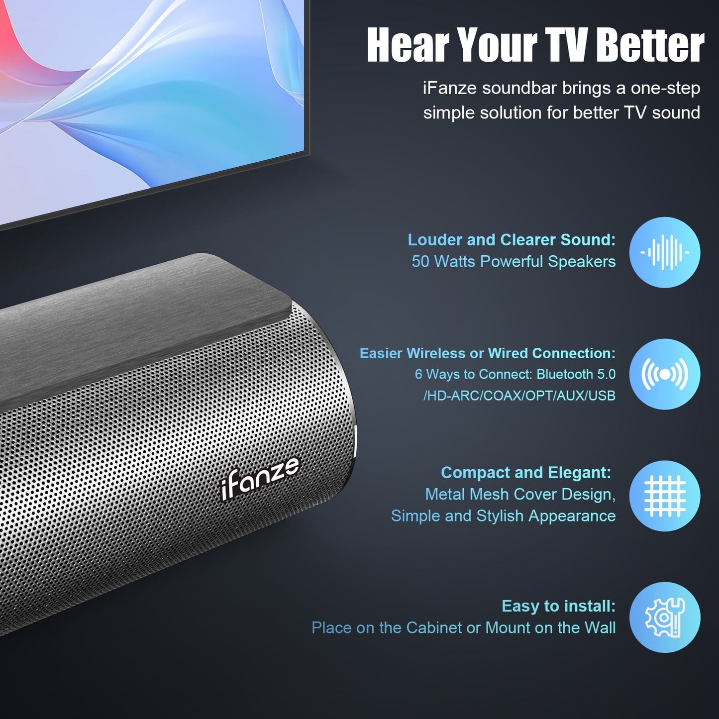 Posrue 50W Sound Bar, 16 inch Bluetooth TV Speaker with Remote & 2 Built-in Full-frequency Speakers, Wireless Soundbar for TV Home Theater & Audio, Iron Gray