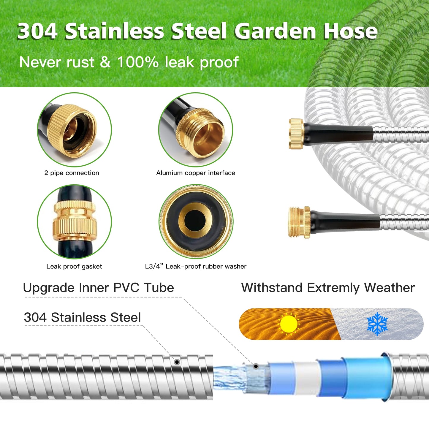 25 ft Garden Hose Metal, KIMHY 304 Stainless Steel Water Hose with 10 Patterns Spray Nozzle, Kink & Tangle Free, Rust Proof, Lightweight, Maxium Psi: 1.5 Mpa