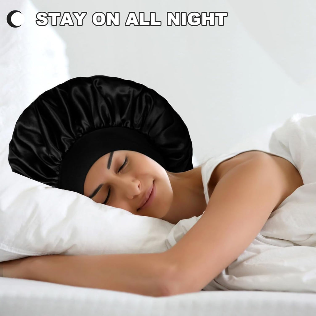 3 Pcs Silk Hair Bonnet with Wide Elastic Band,Hair Bonnet For Sleeping,Bonnet,Soft And Comfortable Silk Sleep Cap(Black)