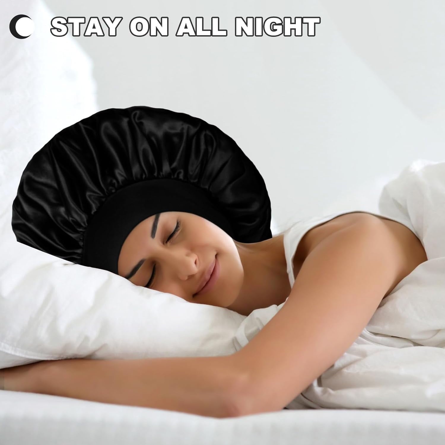3 Pcs Silk Hair Bonnet with Wide Elastic Band,Hair Bonnet For Sleeping,Bonnet,Soft And Comfortable Silk Sleep Cap(Black)