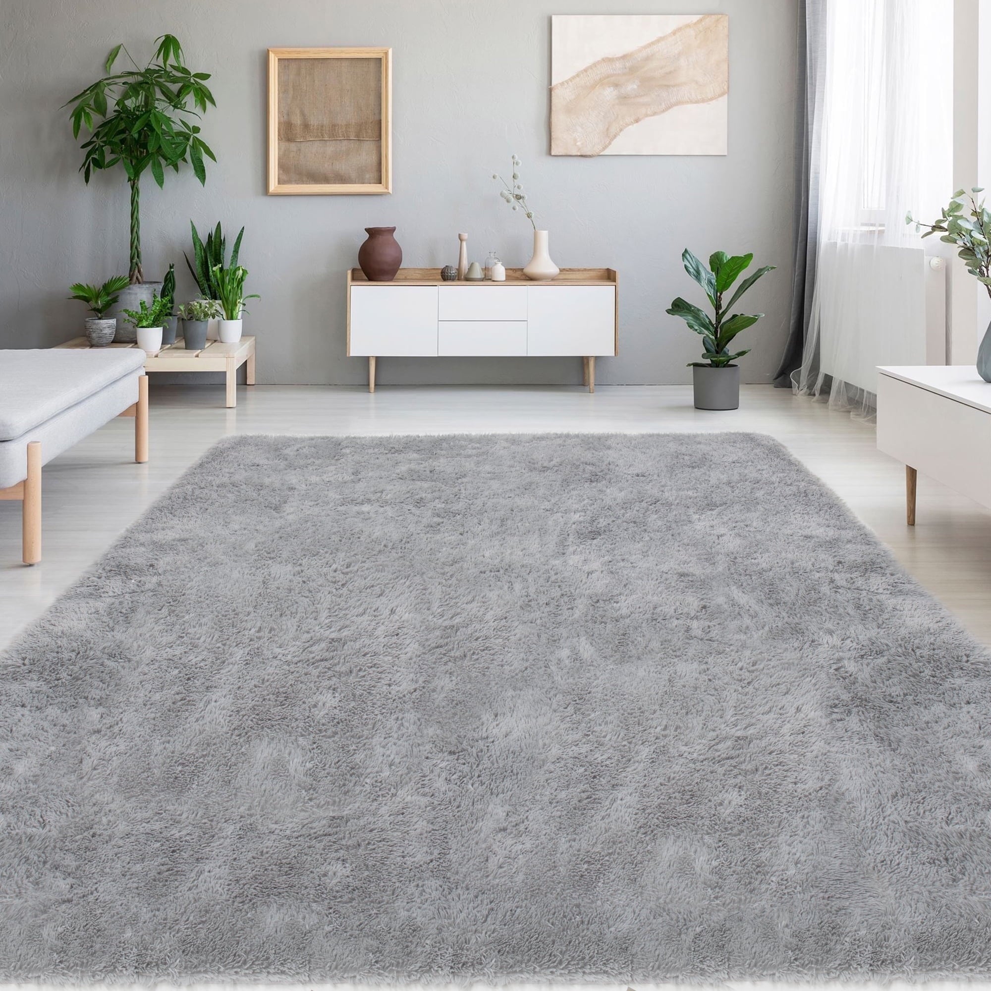 Qunler Large Area Rugs, 5ft x 8ft Anti-Skid Low-Profile Shag Rug for Layered Decor, Easy Store Modern Minimalist Area Rug for Living Room Bedroom, Gray