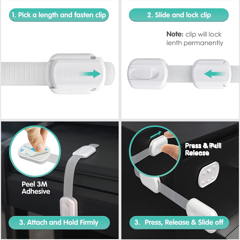 12 Pack Baby Locks Child Safety Cabinet Proofing - Safe Quick and Easy 3M Adhesive Cabinet Drawer Door Latches No Screws & Magnets Multi-Purpose for Furniture Kitchen Ovens Toilet Seats-White