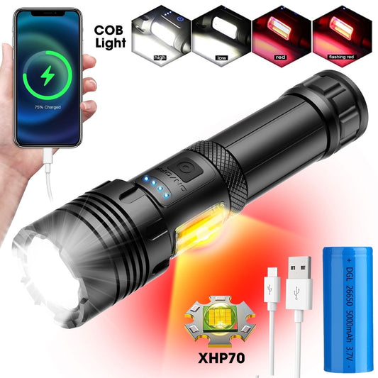 90000 Lumens Powerful Flashlight, Rechargeable Waterproof Searchlight Super Bright Handheld Led Flashlight with USB Zoom Torch for Emergency Hiking Hunting Camping