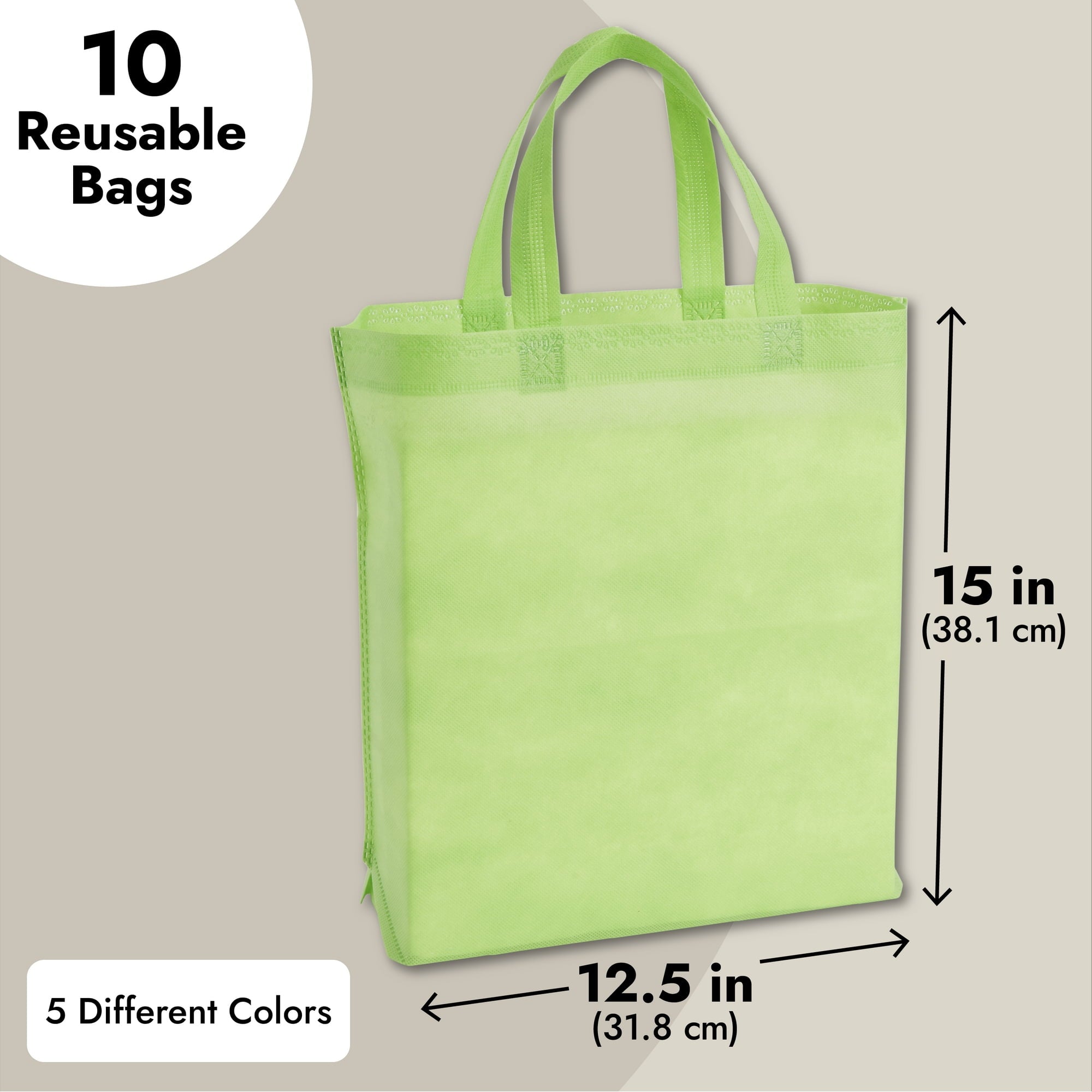 10 Pack Reusable Tote Bags with Handles for Shopping, Bulk Cloth Bags for Groceries (15x12.5 in, 5 Assorted Colors).