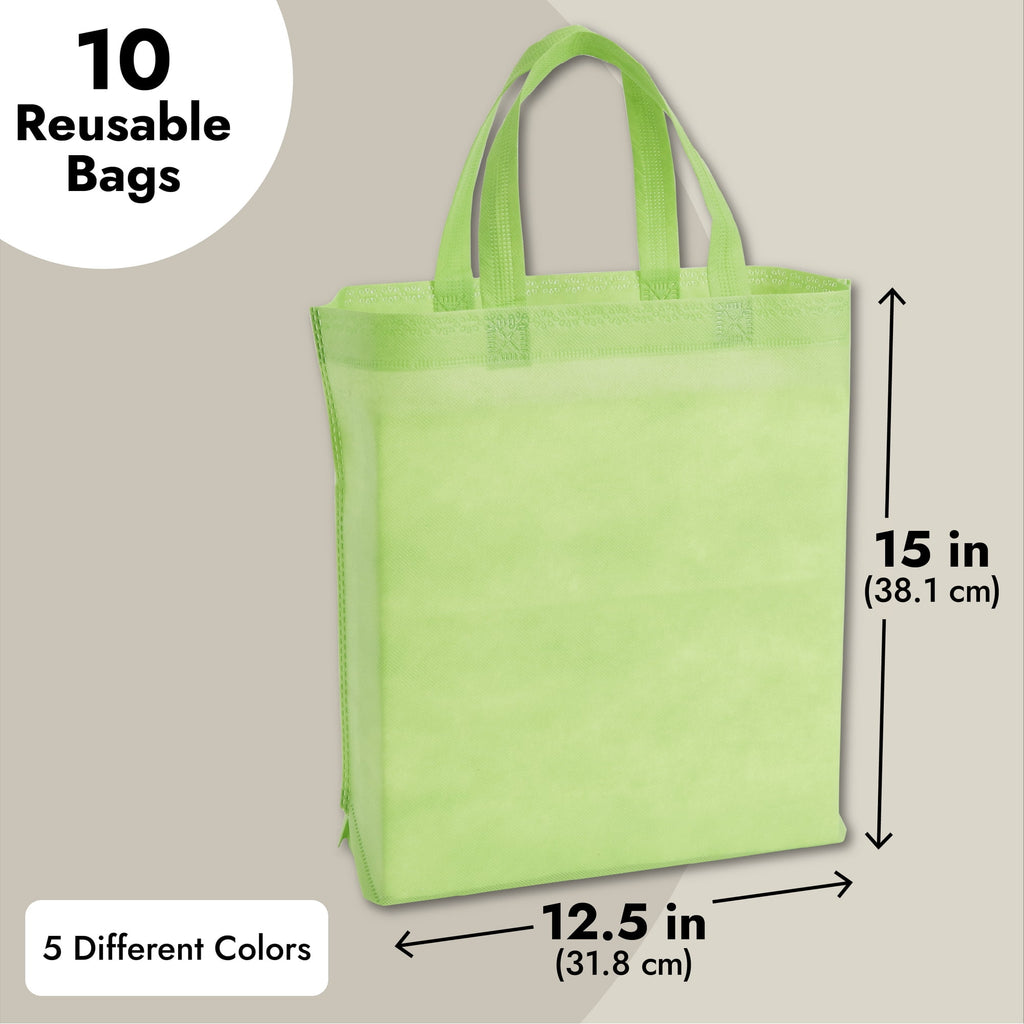 10 Pack Reusable Tote Bags with Handles for Shopping, Bulk Cloth Bags for Groceries (15x12.5 in, 5 Assorted Colors)