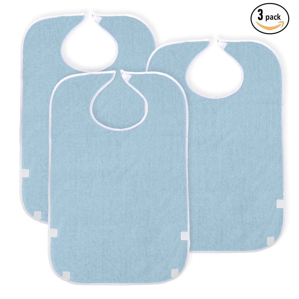 3 Pack Terry Cloth Bibs for Adults,Senior Citizens,Special Needs,and Hospice or Personal Care,Built-In Crumb Catcher and Clothing Protector,Washable and Reusable