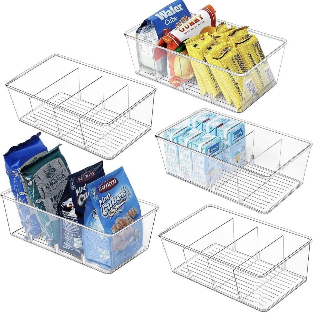 3 Pack Food Storage Organizer Bins, Clear Plastic Bins for Pantry, Kitchen, Fridge, Cabinet Organization and Storage, 4 Compartment Holder Packets, Snacks, Pouches, Spice Packets