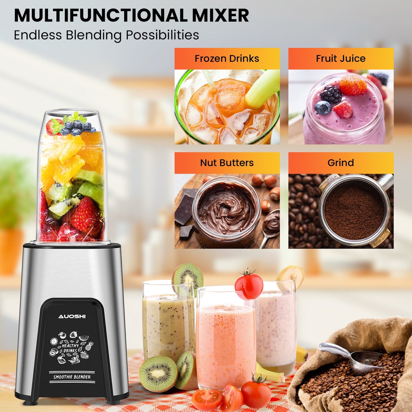 AUOSHI 1000W Personal Blender for Shakes and Smoothies Blenders for Kitchen Smoothie Maker with 6 Fins Blades Frozen Drinks Mixer with 2*23 oz To-Go Cups 1*10oz Grinder Cup BPA Free