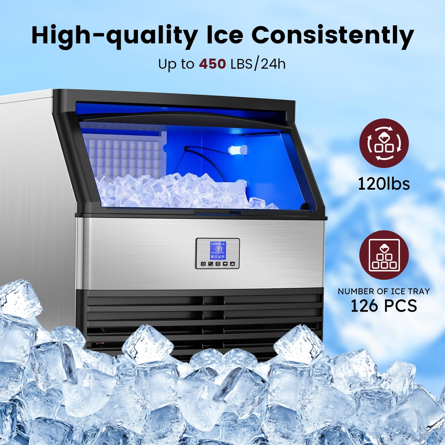 Cintva Commercial Ice Maker, 450 lb. /24H Commercial Freestanding Ice Maker in Silver, Stainless Steel, with 120 lb. Storage Capacity