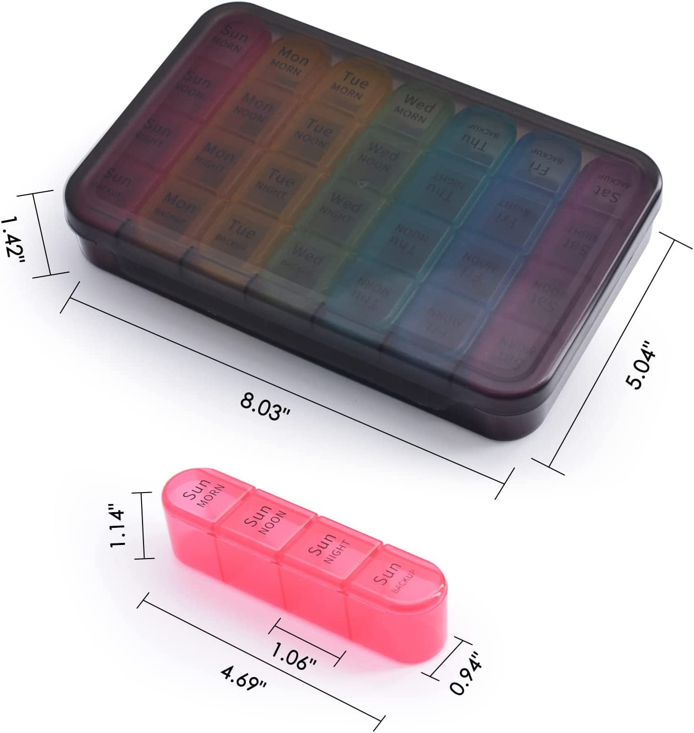 TIFOR Weekly Pill Organizer, 7 Day / 4 Times A Day Large Pill Cases Moisture-Proof Pill Box AM PM Medicine Organizer to Hold Vitamins Fish Oil Compartments Supplements (Rainbow)