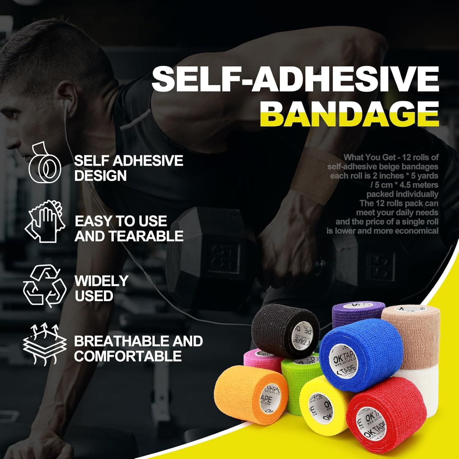 TIFOR Self Adherent Bandages Wrap 12 Rolls, 2 Inches x 5 Yards, First Aid Tape, Elastic Self Adhesive Tape, Athletic, Sports wrap Tape, Bandage Wrap for Sports, Wrist - Mixed Colors