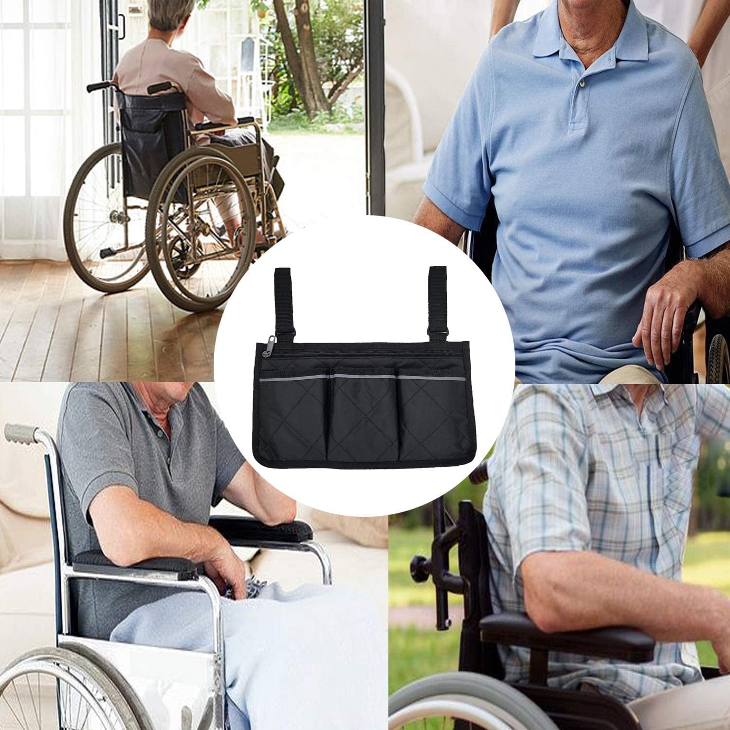 Wheelchair Side Bag, Waterproof Armrest Pouch Bag with Bright Line Black Storage Organizers for Walkers, Rollators, Scooters