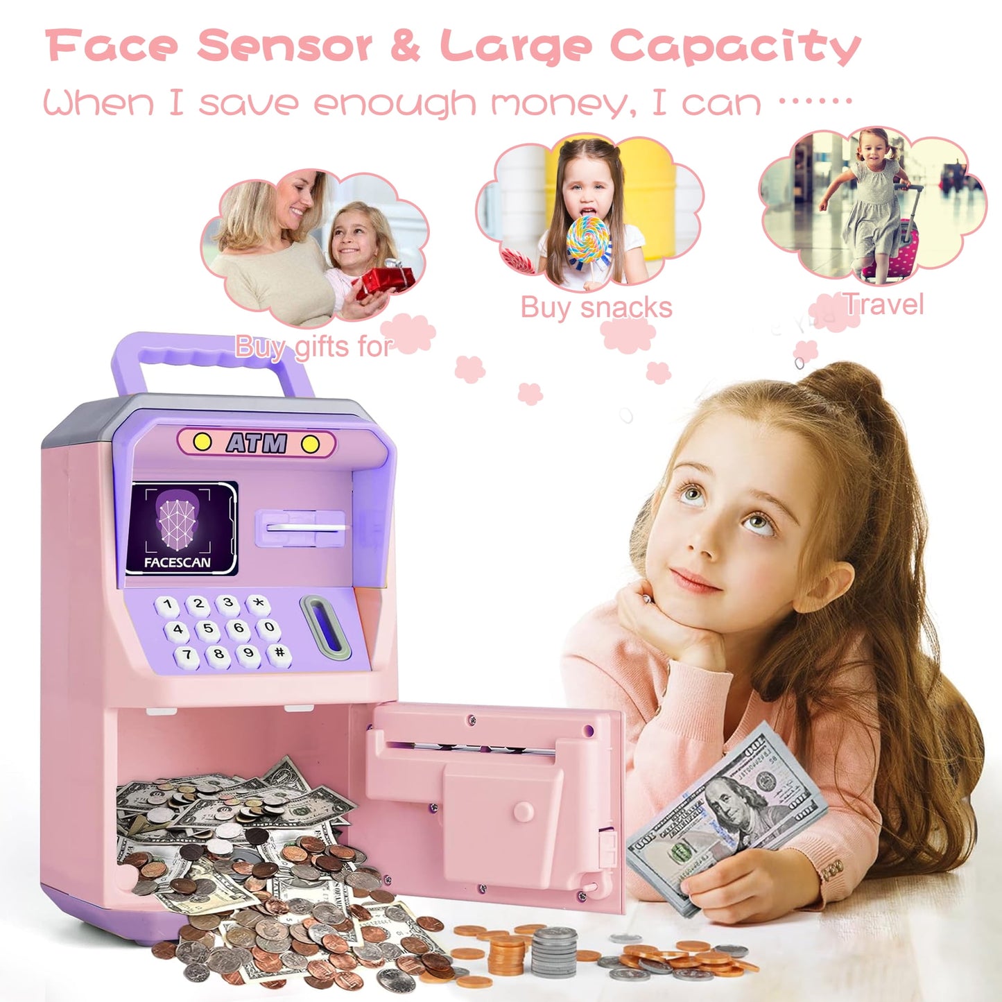 KIMHY Piggy Bank for Kids with Fingerprint Lock, ATM Piggy Bank for Cash & Coins, Money Saving Box with Portable Handle, Mini ATM for Girls Birthday Children's Day Halloween Christmas Gift Toys