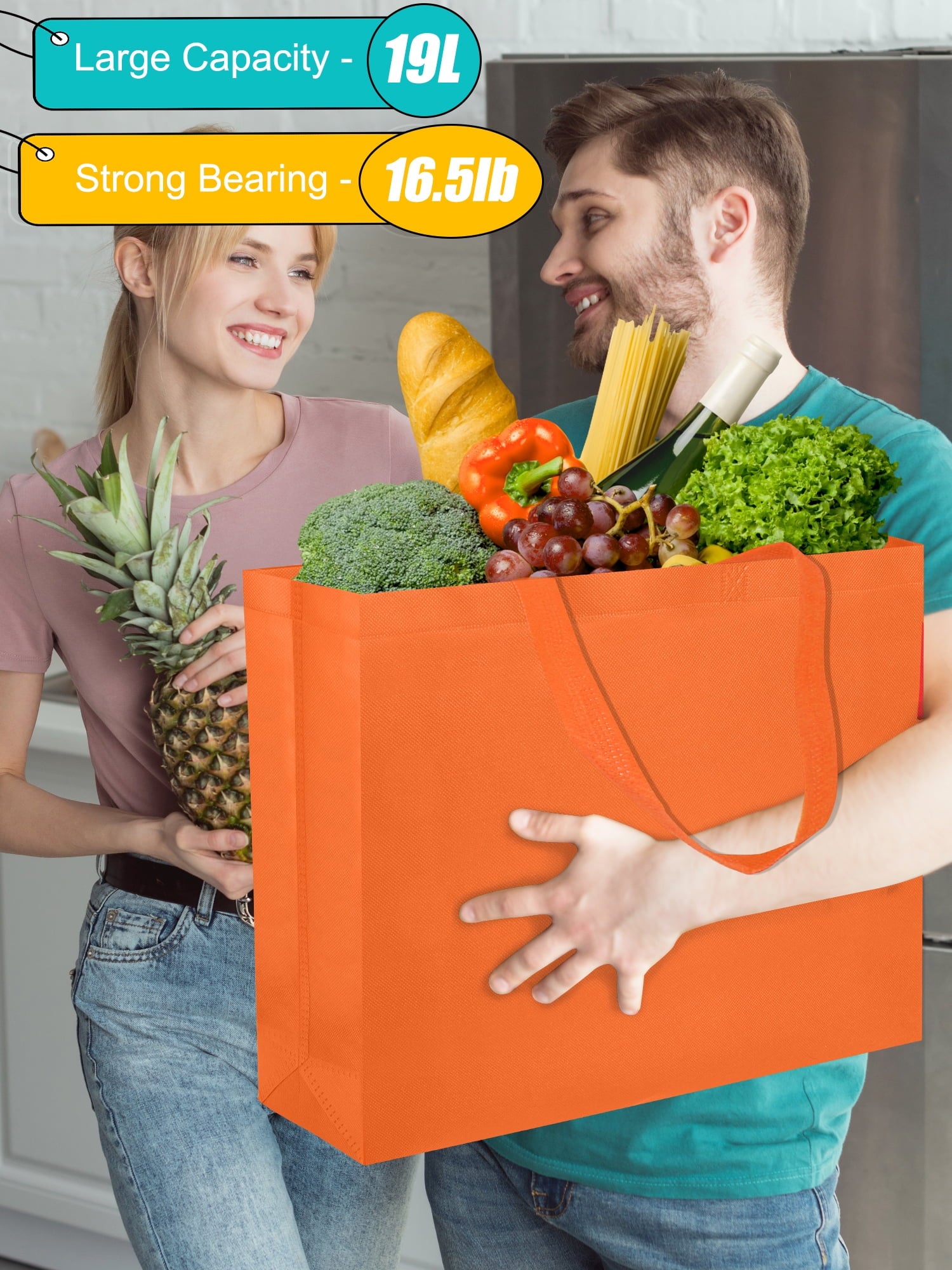 10Pcs Non-Woven Shopping Bags, 19L Reusable Grocery Tote Bags, 18x5x14, Multi-color