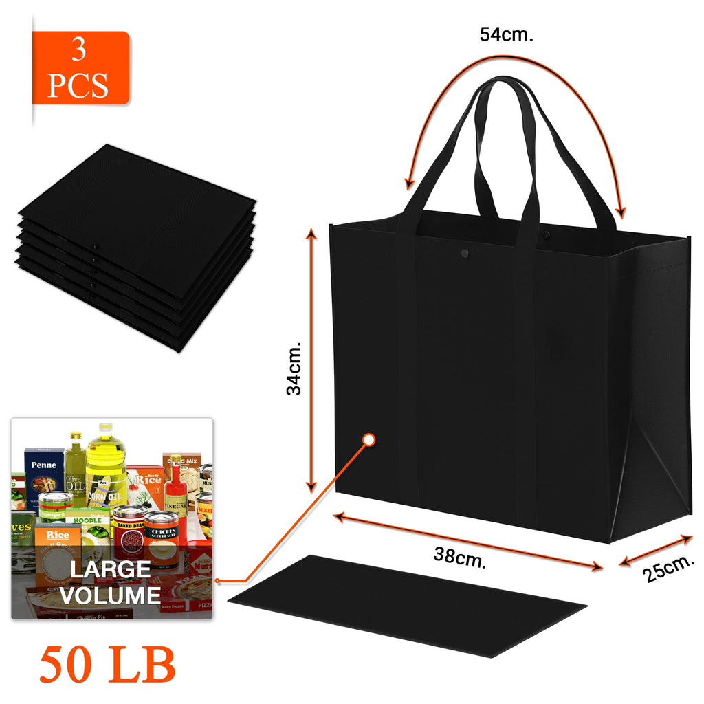 Reusable Grocery Bags,3 Pack Foldable Heavy Duty Shopping Bags,Washable Large Storage Reusable Bags,Strong Grocery Tote Bag with Reinforced Handles,Thick Plastic Support Bottom,Black