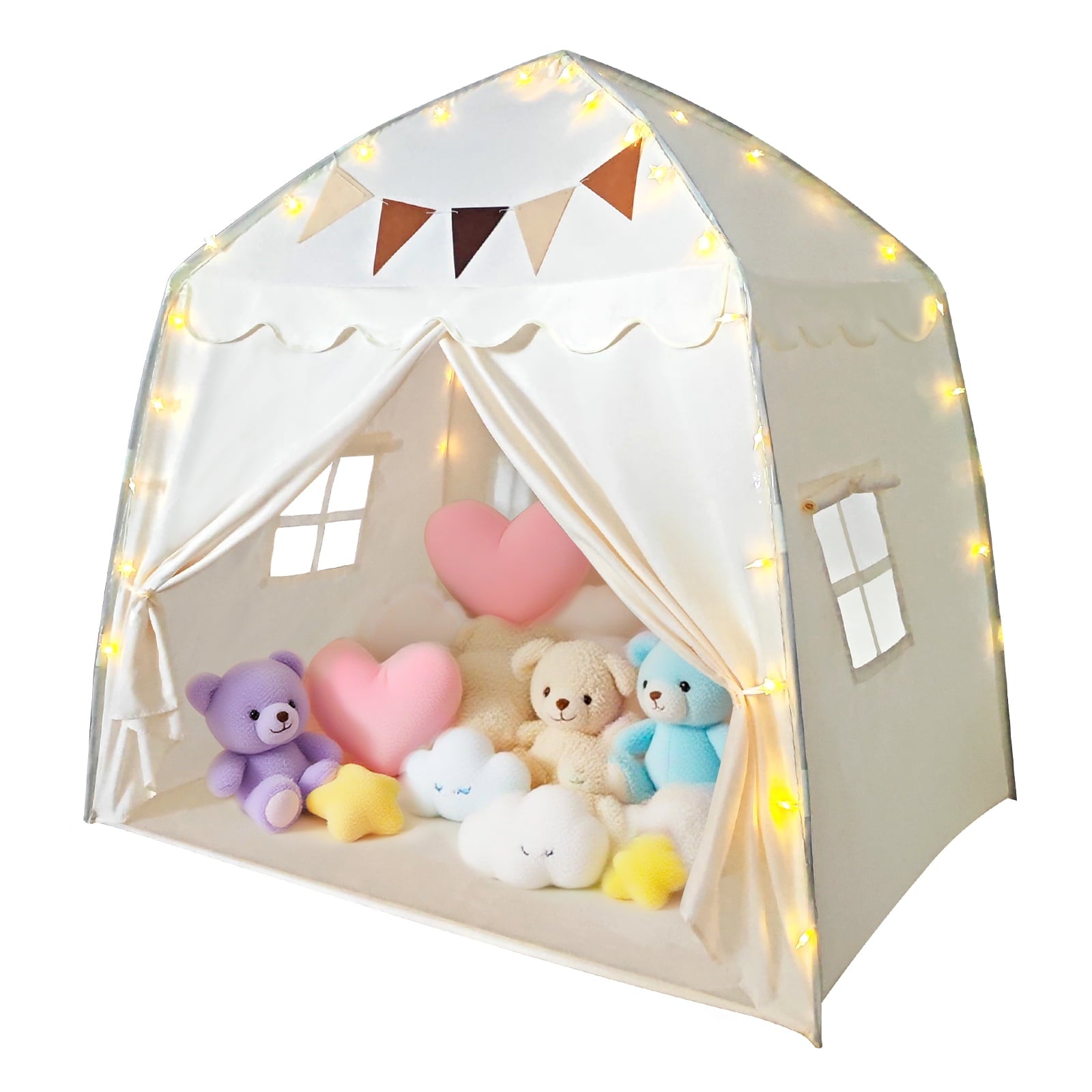 AMTPM Large Kids Tent, Toddler Play Tent with Flags and Globe String Lights, Outdoor Indoor Children Playhouse for 3-12 Years Old, 157x98x148cm