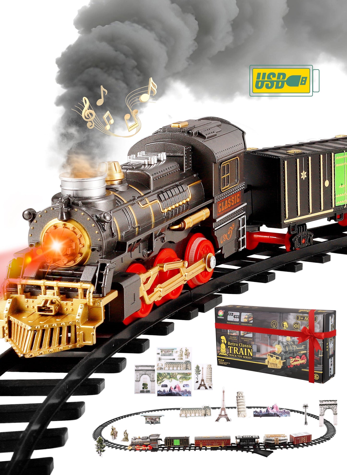 AMTPM Train Set Toys for Kids with Smoke Lights and Sound,Large Size USB Rechargeable Train Toy with Architecture Cards,Birthday Christmas Gifts for Kids