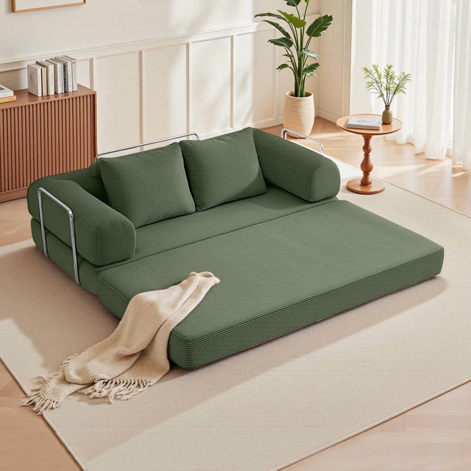 ATHOPE 78.7\" Convertible Sofa Bed with Fixed-Shape Frame & Removable Armrests, Modular Corduroy Sleeper Sofa with 2 Pillows, Folding Mattress Couch for Small Spaces - No Assembly Needed, Oliver Green
