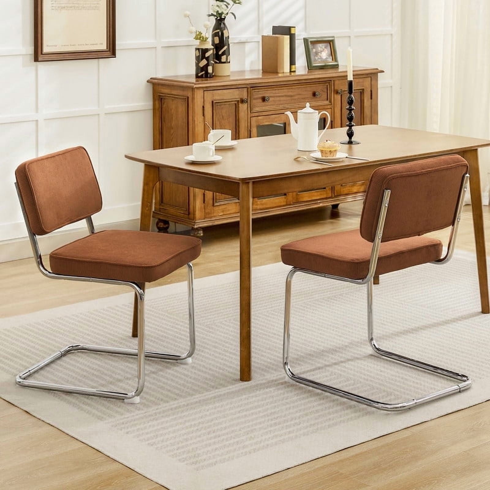 ATHOPE Dining Chairs Set of 2, Mid-Century Modern Kitchen Chairs, Armless Corduroy Cane Dining Room Chairs with Metal Chrome Legs, Brown