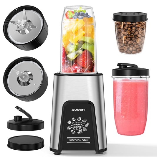 AUOSHI 1000W Personal Blender for Shakes and Smoothies Blenders for Kitchen Smoothie Maker with 6 Fins Blades Frozen Drinks Mixer with 2*23 oz To-Go Cups 1*10oz Grinder Cup BPA Free