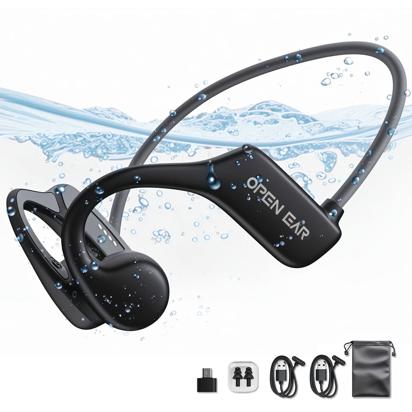 Bluetooth 5.3 Headphones AUOSHI IP68 Bone Conduction Swim Headphones 32G MP3 Player for Workout - Open Ear Wireless Bluetooth Headsets, with Earplug, Black