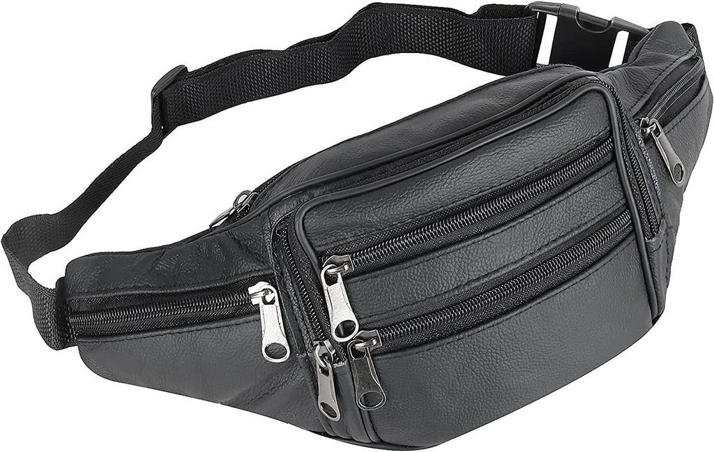 Black Leather Fanny Pack for Men & Women,Waist Fanny Pack Belt Bag Pouch Travel Hip Purse Men Women