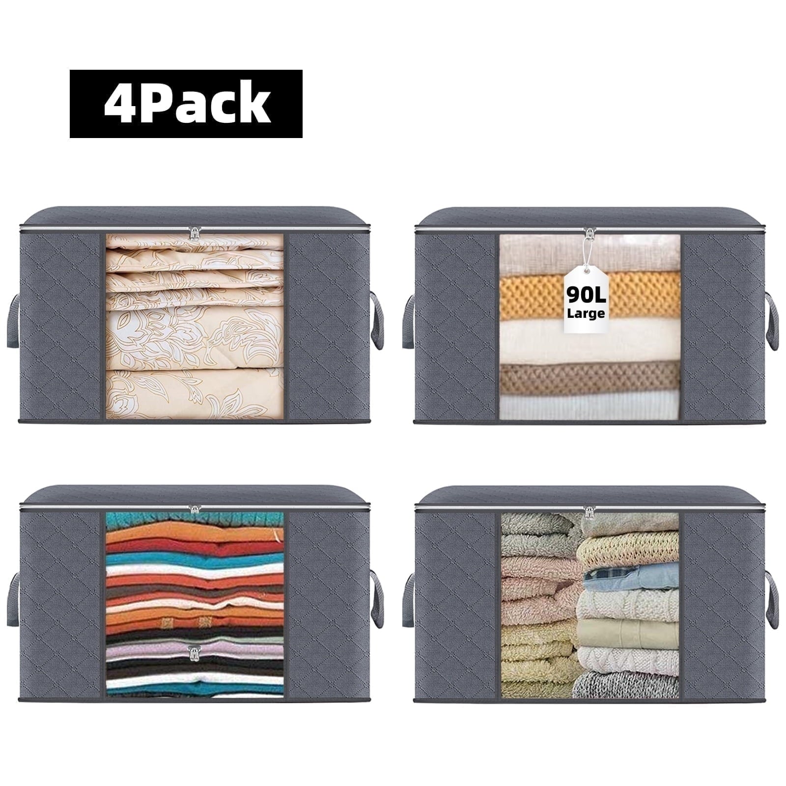 Brotasdro 90L 4-Pack Foldable Clothes Storage Bags, Closet Organizers for Bedding, Blankets, Comforters & Pillows, Waterproof with Reinforced Handles