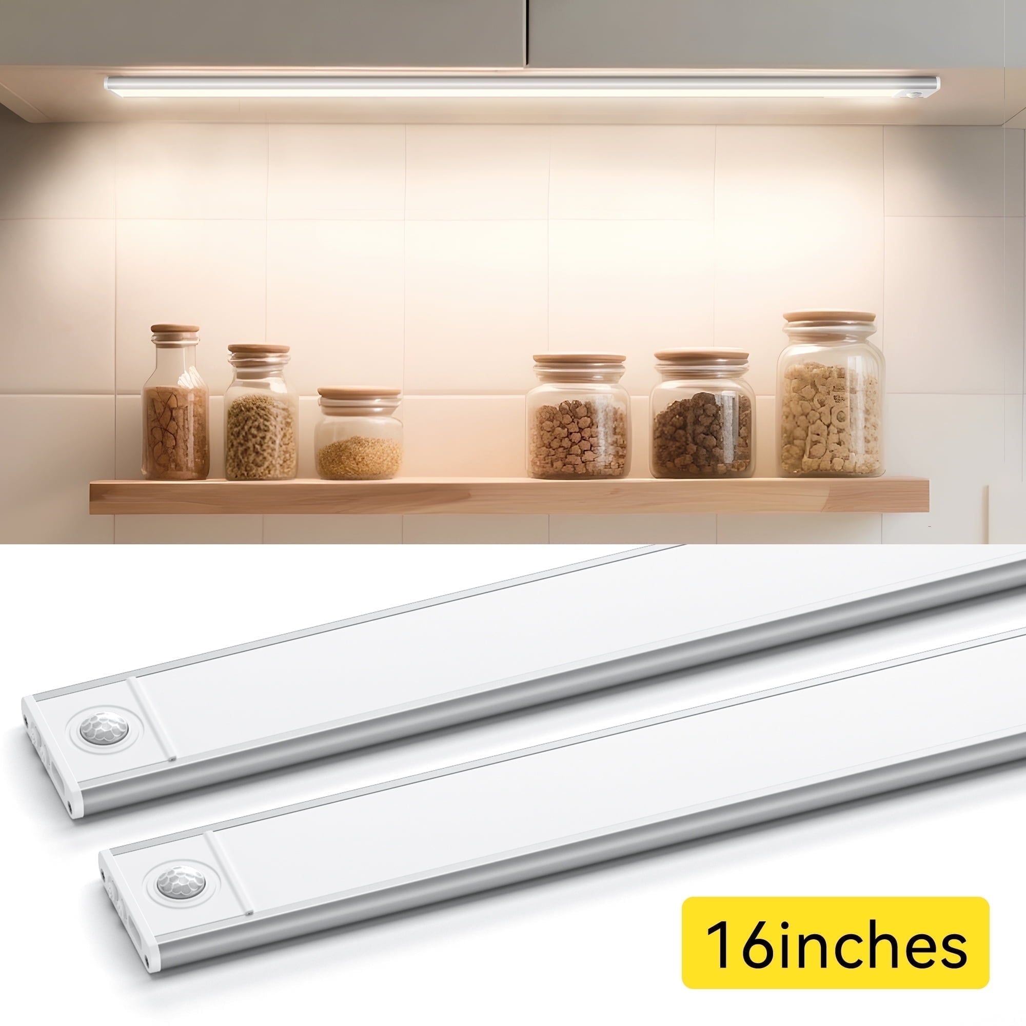 Under Cabinet Lighting Wireless 16 Inches, 108 LED Rechargeable Motion Sensor Light Indoor with 3 Color Temps & Dimming, Closet Lights Motion Sensored for Kitchen, Pantry, Stairs, 2 Pack