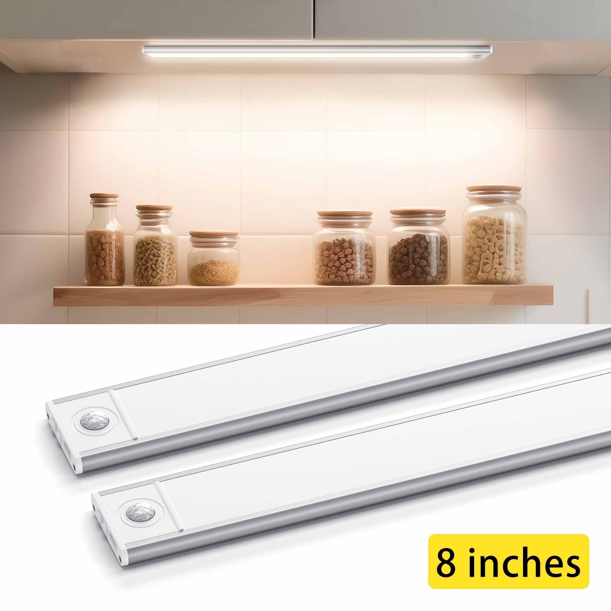 Under Cabinet Lighting 8 Inches, Closet Lights Motion Sensored with 54 LEDs, 3 Color Temps & Stepless Dimming, Rechargeable Wireless Under Counter Lights for Kitchen, Pantry, Stairs, 2 Pack