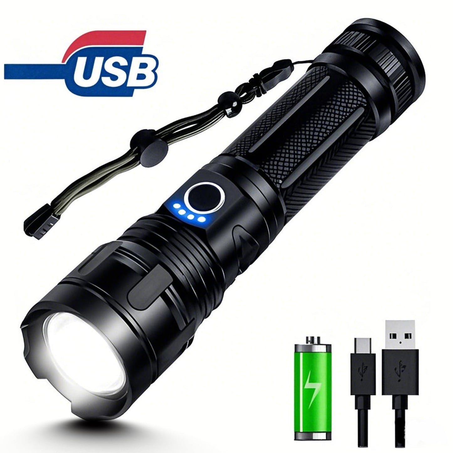 DKTIOP USB Rechargeable LED Flashlight,100000 High Lumens Zoomable Torch, Powerful Tactical Walking Cane Flashlight 5 Modes for Emergency, Camping