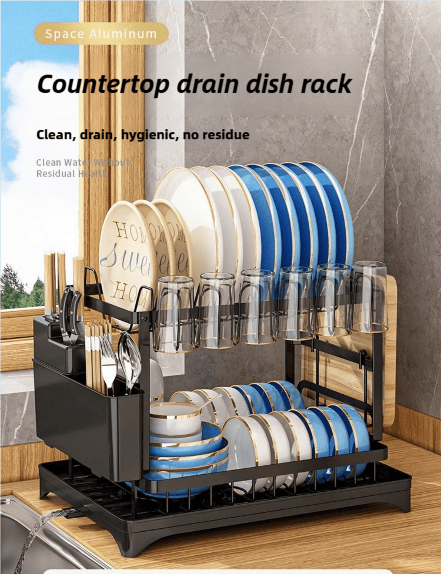 Dish Drying Rack - Kitchen Countertop Stainless Steel Dish Rack, 2 Tier Kitchen Organizer with Drain Board Kitchen Sink Accessories - Black