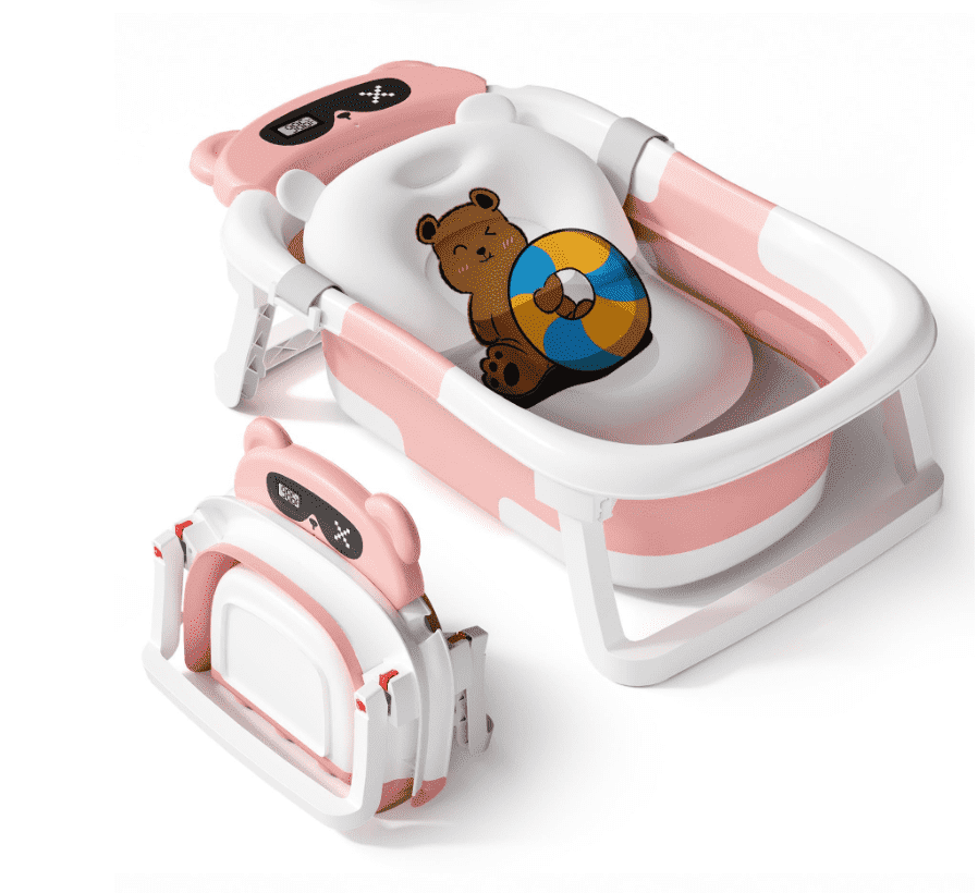Doulami Collapsible Baby Bathtub for Infants Baby Tubs for Newborns with Cushion and Thermometer, 0-36 Month(Pink)