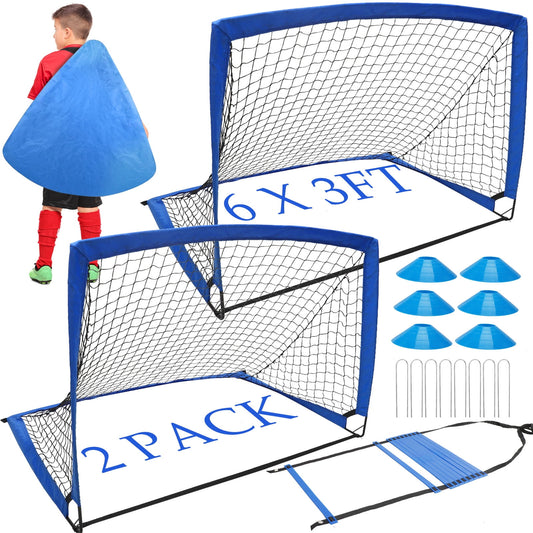 Doulami Soccer Goal Portable Set of 2 Soccer Nets 6x4 FT Training Equipment with Ladder & Cone,Blue