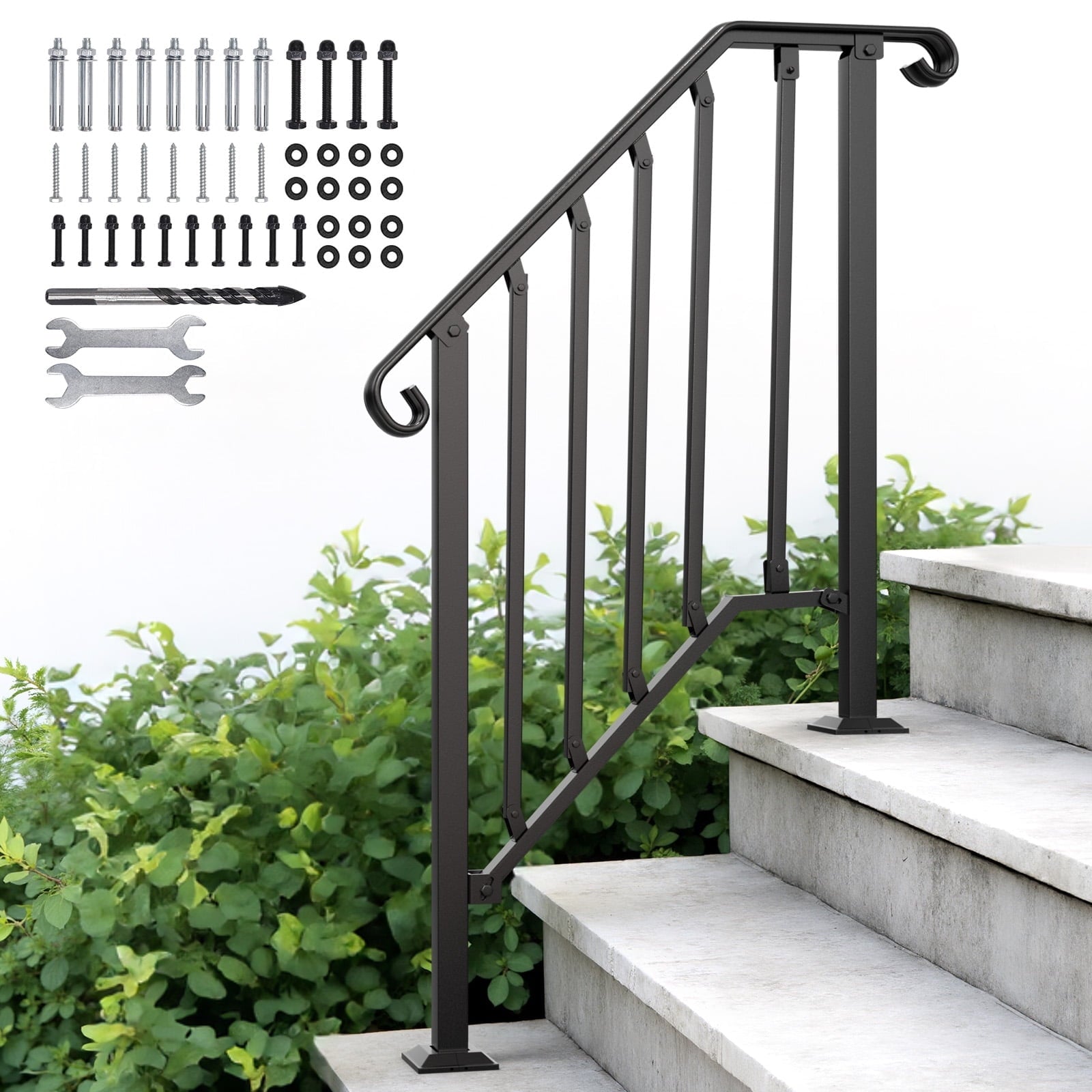 Ecojoy Handrail for Stairs Fits 2 or 3 Steps Outdoor Stair Railing Picket Black Wrought Iron Handrail