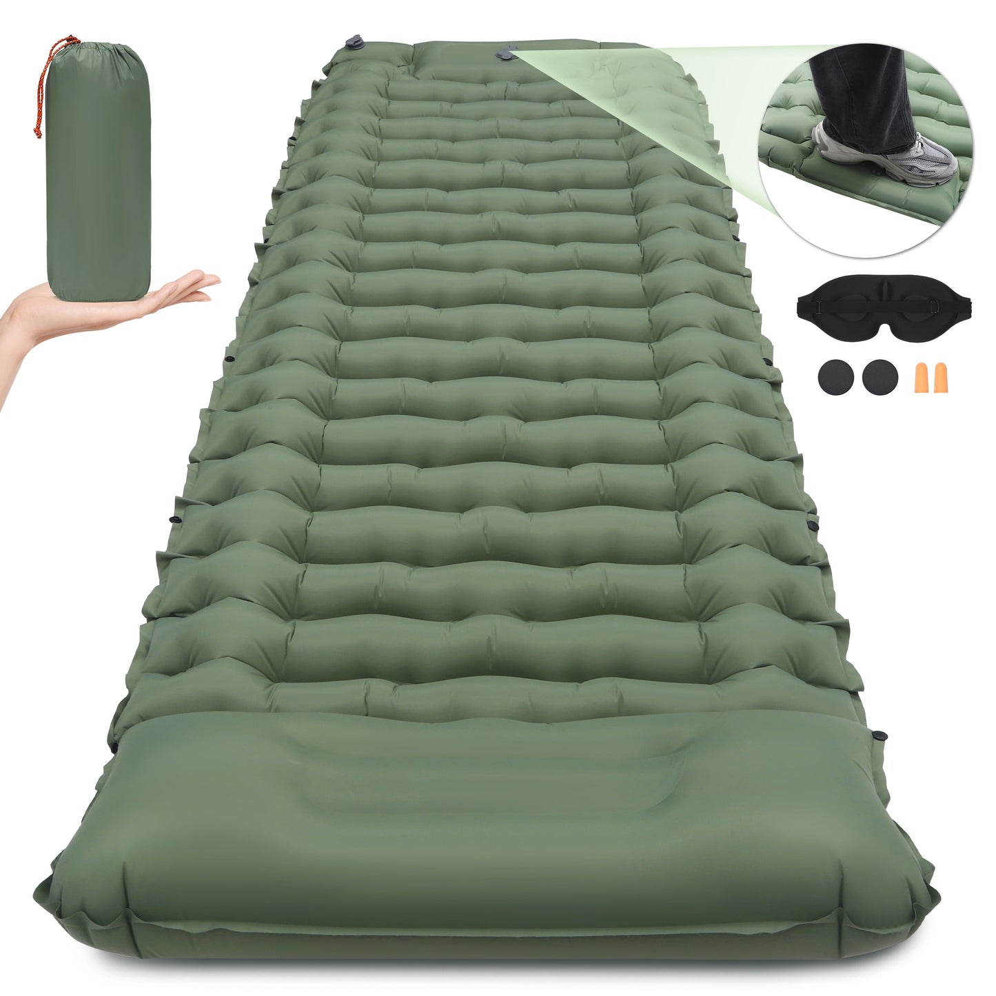 FANCYBANT Sleeping Pad for Camping, 76.4''x26.8'' Ultralight Inflatable Camping Mattress Pad with Built-in Pillow & Foot Pump,Compact Portable Air Mattress for Tents Camping Hiking Backpacking Green