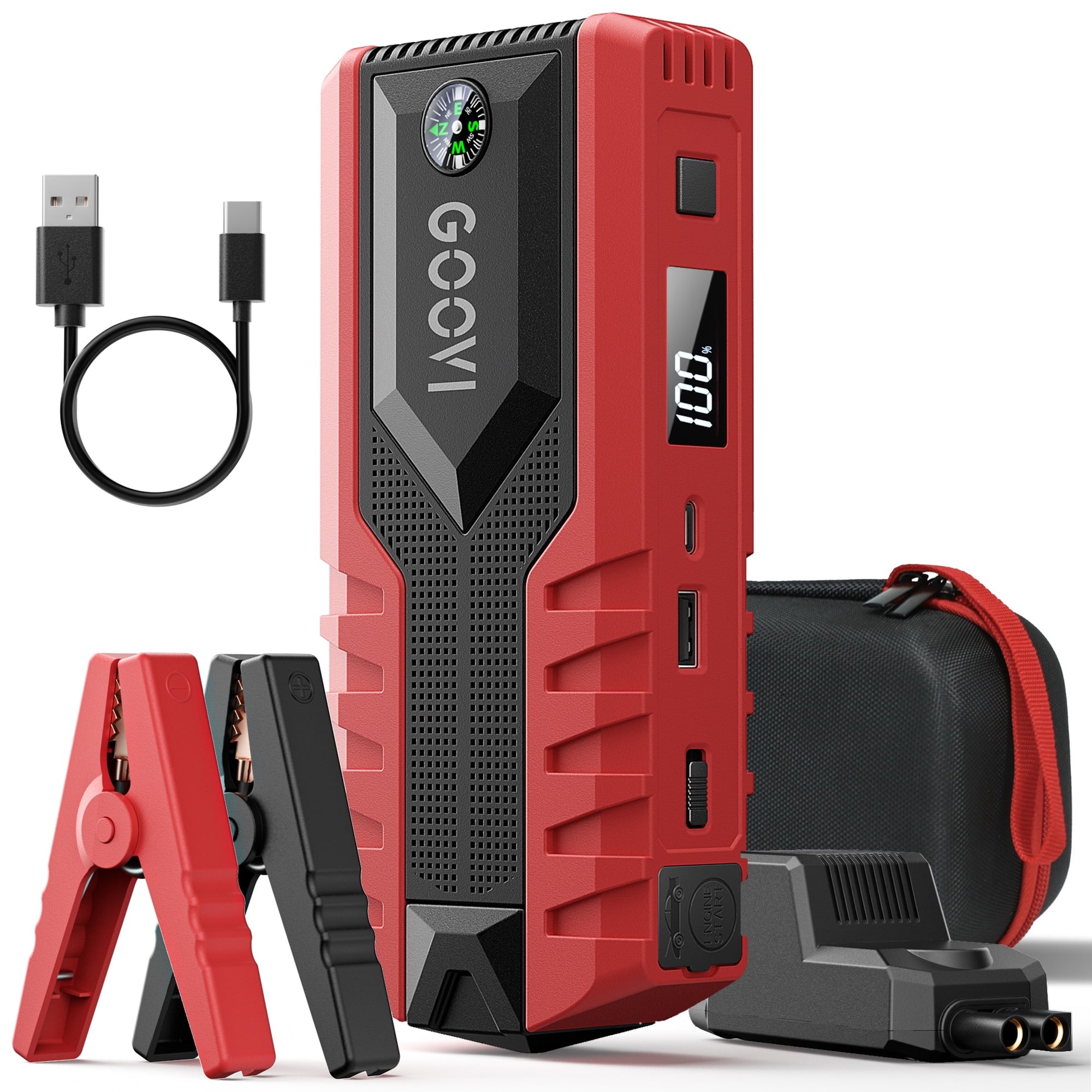 GOOVI Car Jump Starter 2000A Peak 12V Battery Jump Box Portable Battery Booster with LED Light USB Quick Charge