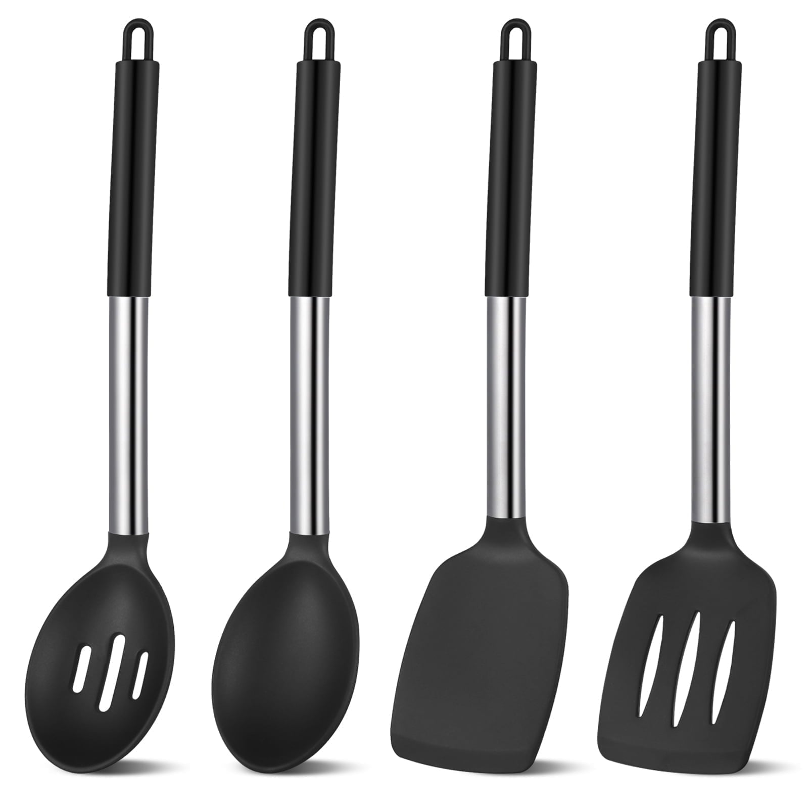 GYDEK Silicone Cooking Spatulas and Spoons, 4 Pack Heat Resistant Silicone Cooking Utensils Set, Non-stick Large Kitchen Silicone Spatula and Spoons for Cooking, Mixing, Serving, Draining(Black)
