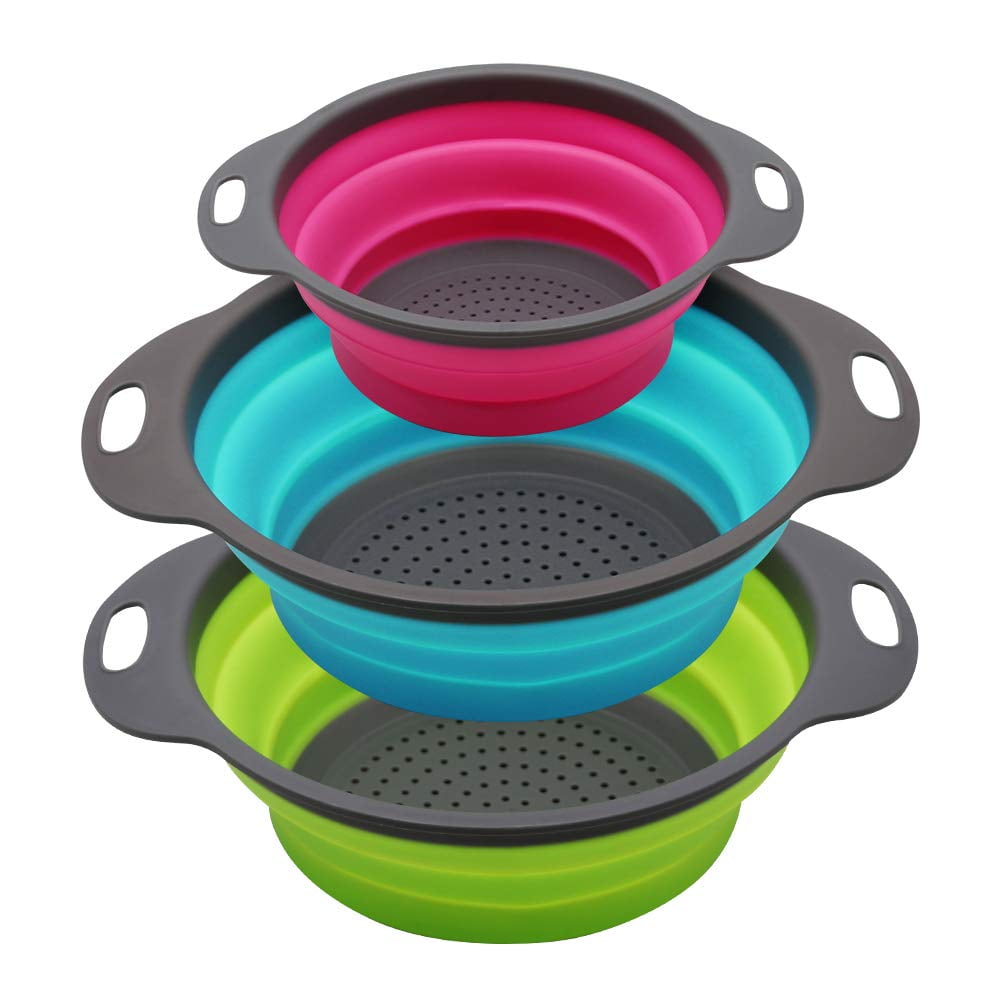 Gimgong Collapsible Colander Set of 3 Round Silicone Kitchen Strainer Set - 2 pcs 4 Quart and 1 pcs 2 Quart- Perfect for Draining Pasta, Vegetable and fruit (green,blue, purple)