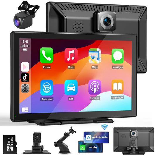 HOMPOW Wireless Apple Carplay Touchscreen 9 Inch with 4K Dash Cam,Portable Car Stereo Receiver  with 1080P Backup Camera,GPS Navigation, Bluetooth,Carplay with 64GB TF Card for All Vehicles