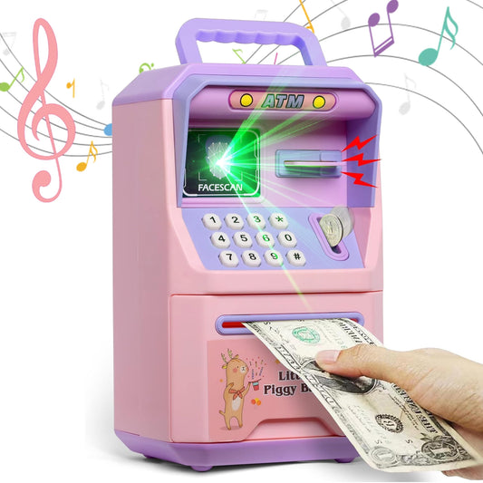 KIMHY Piggy Bank for Kids with Fingerprint Lock, ATM Piggy Bank for Cash & Coins, Money Saving Box with Portable Handle, Mini ATM for Girls Birthday Children's Day Halloween Christmas Gift Toys