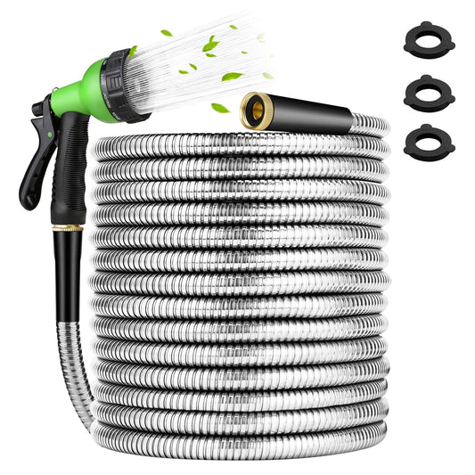 25 ft Garden Hose Metal, KIMHY 304 Stainless Steel Water Hose with 10 Patterns Spray Nozzle, Kink & Tangle Free, Rust Proof, Lightweight, Maxium Psi: 1.5 Mpa