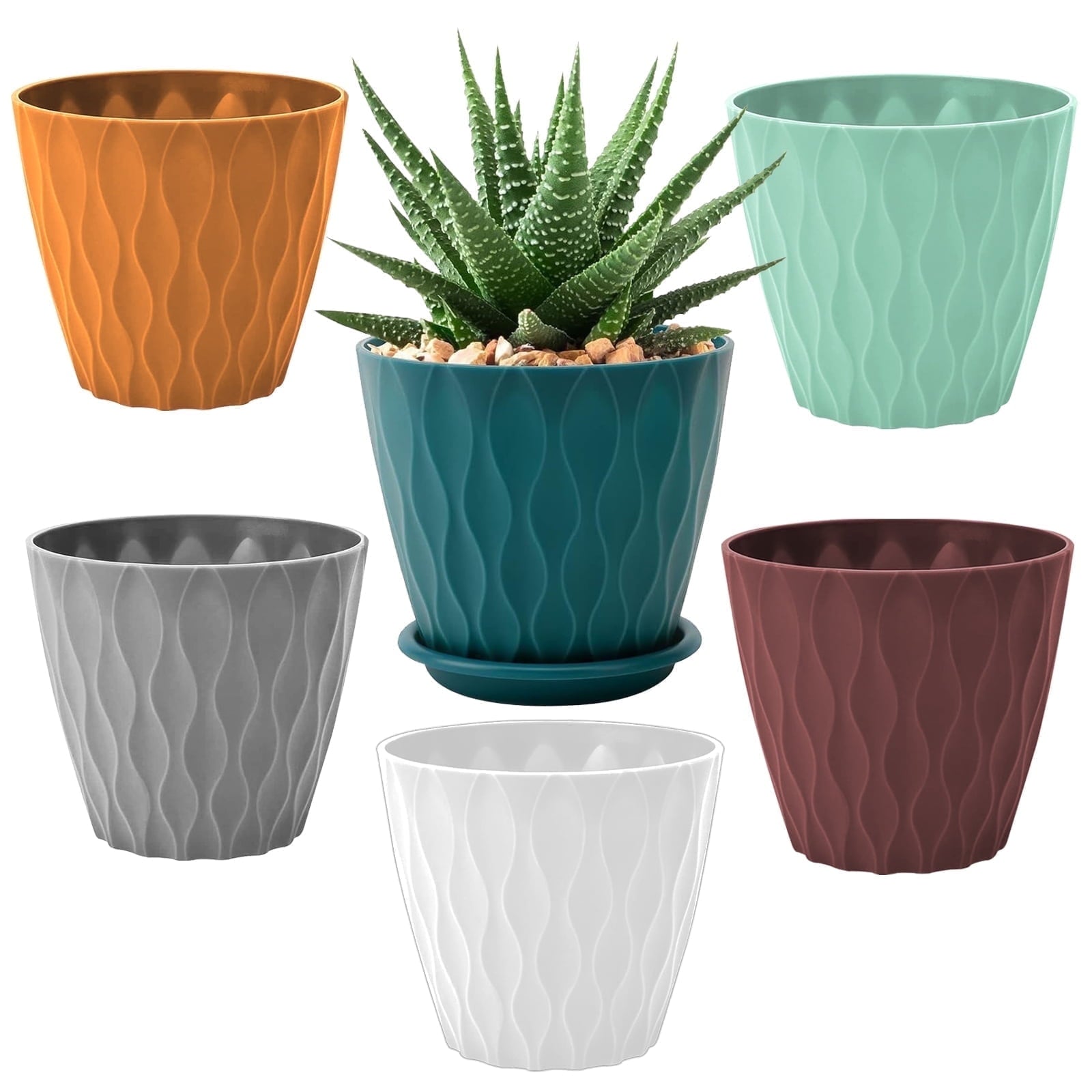 Keyrank Plant Pots 6 Inch Self Watering Pots, Set of 6 Plastic Planters with Drainage Holes and Saucers, Plastic Flower Pots, Nursery Planting Pot for Indoor Out Door Plants