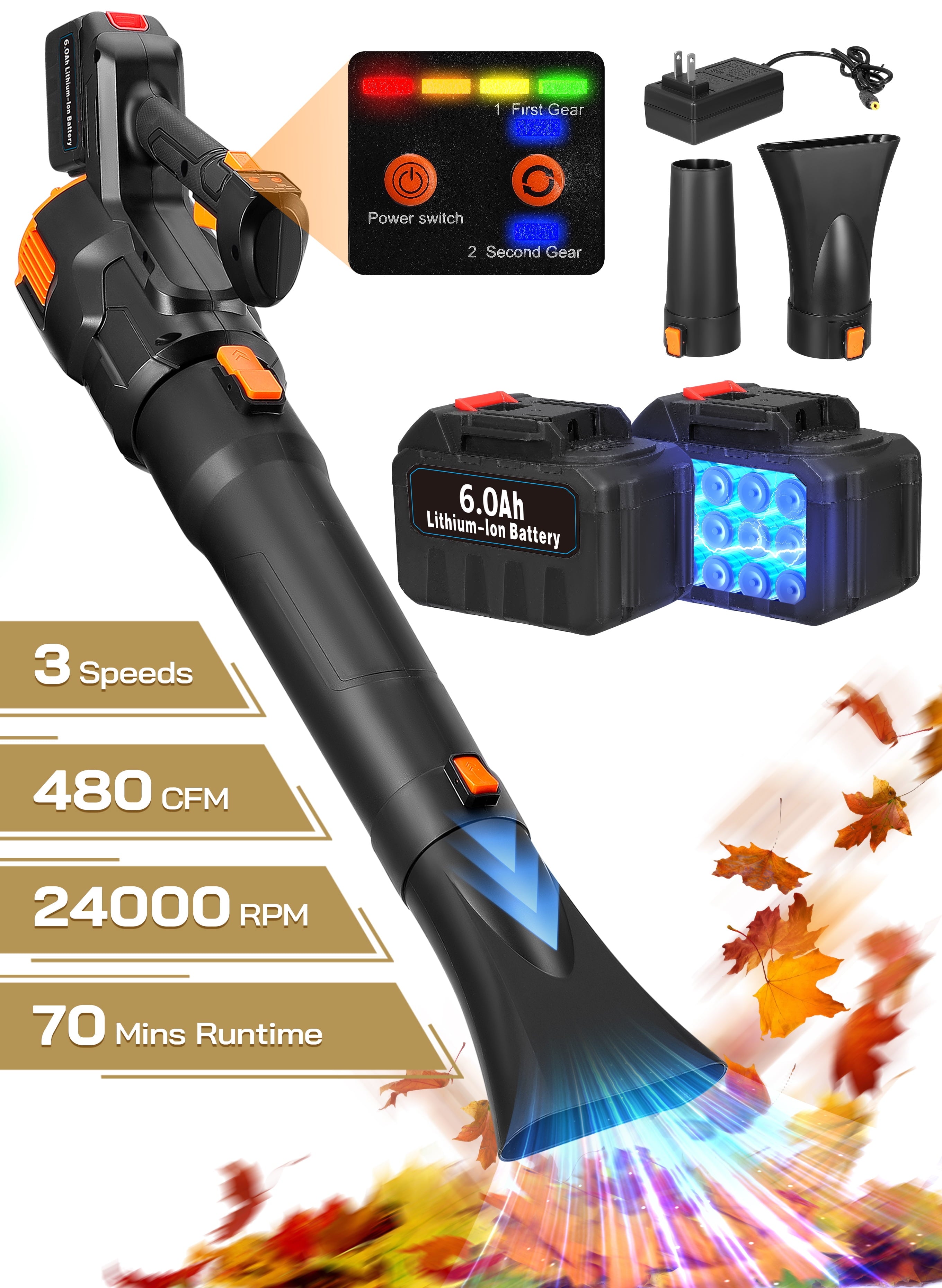 ALILYY 20V Leaf Blower 480CFM 150MPH Cordless Leaf Blower with 2PCS 6.0Ah Battery & Fast Charger for Lawn, Patio, Driveway Cleaning,Black